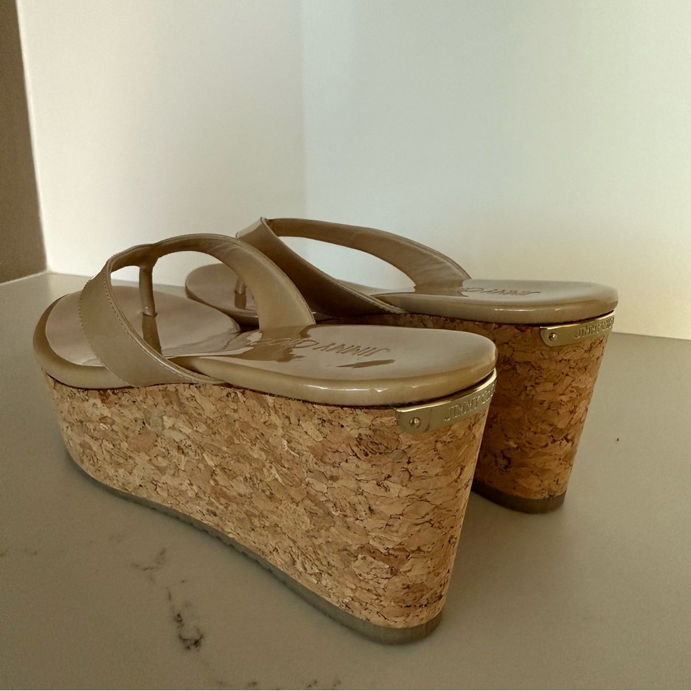 Jimmy Choo Nude Patent Pathos Wedge Sandals, 40